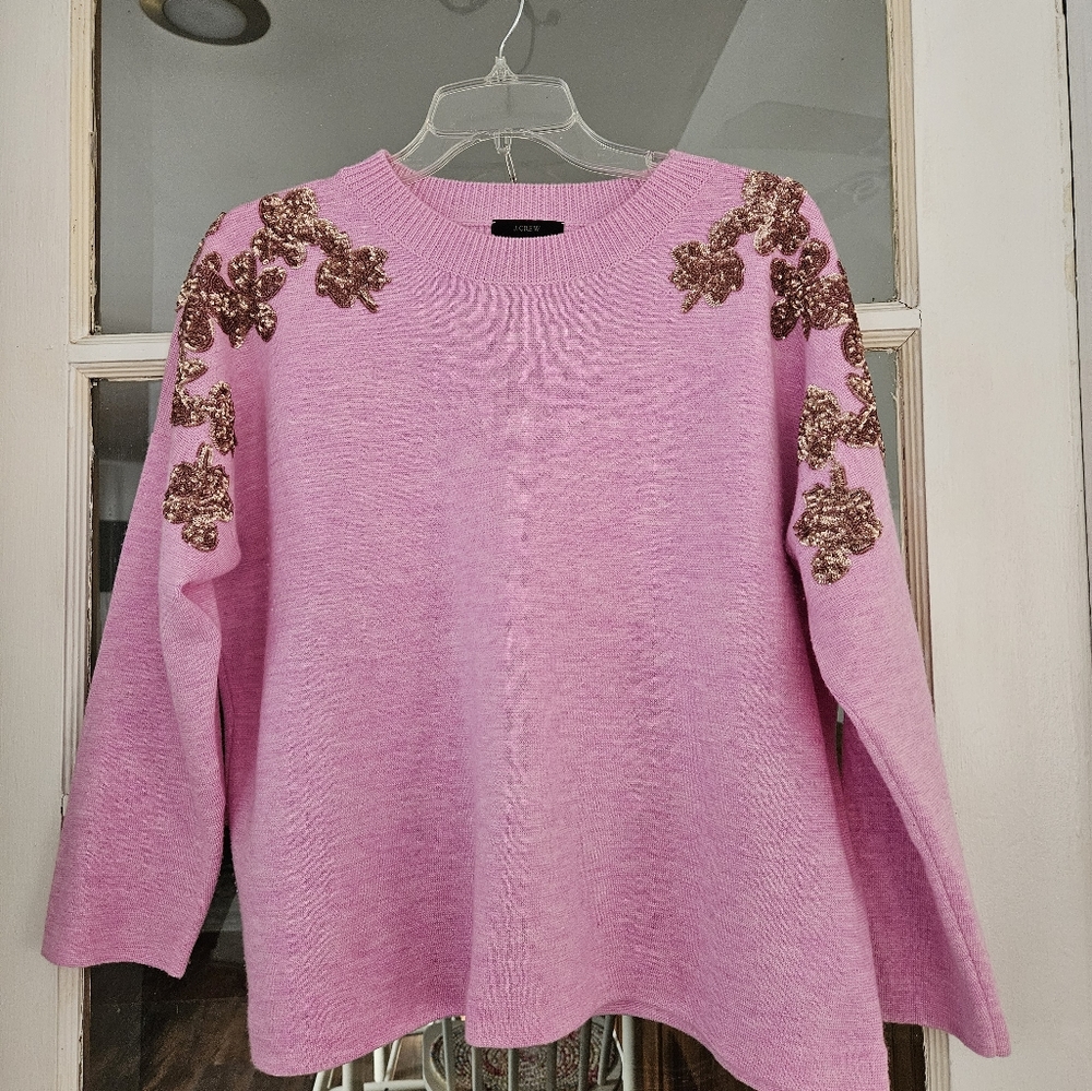 New J.crew Sequin Flower Crewneck  Sweater Medium Pink Wool